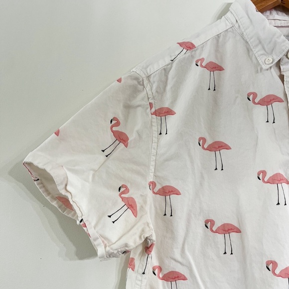 Denim & Flower Cotton Short Sleeves Button Down Shirt Pink Flamingos Slim L - Picture 3 of 9